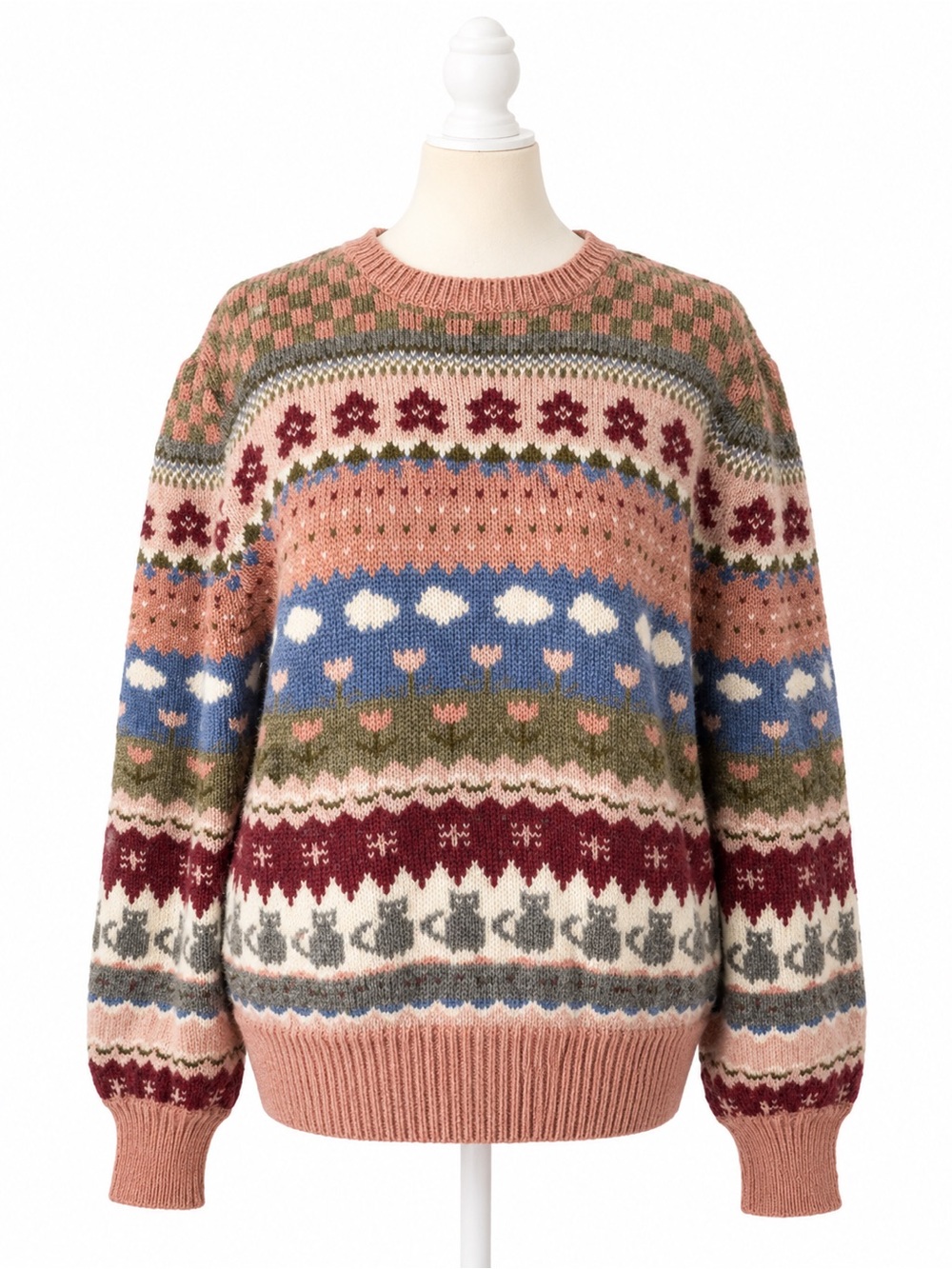 Vintage Moussie for Susan Bristol Fair Isle Sweater Shetland Wool Cat Pink